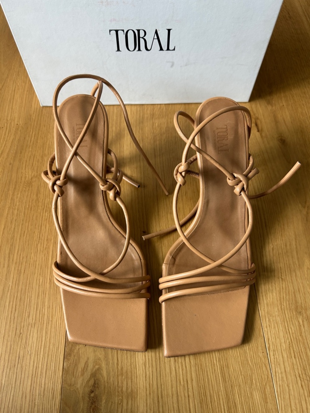 Toral Leather Lace-Up Square-Toe Sandals in Tan - size 40